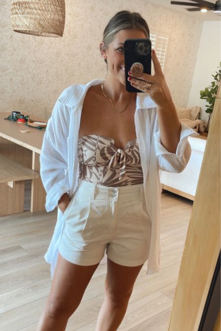 Target one piece size small / size L coverup (I could’ve done a M but it’s fine super oversized - I love it sooo much) / size 2 white shorts - these are so chic and fab! They run big bc the waist is stretchy. / 

Spring break look
Summer vacation 
Pool look
Beach look
Sunday style
White look
Neutrals 
Neutral outfit 


#LTKstyletip #LTKunder50