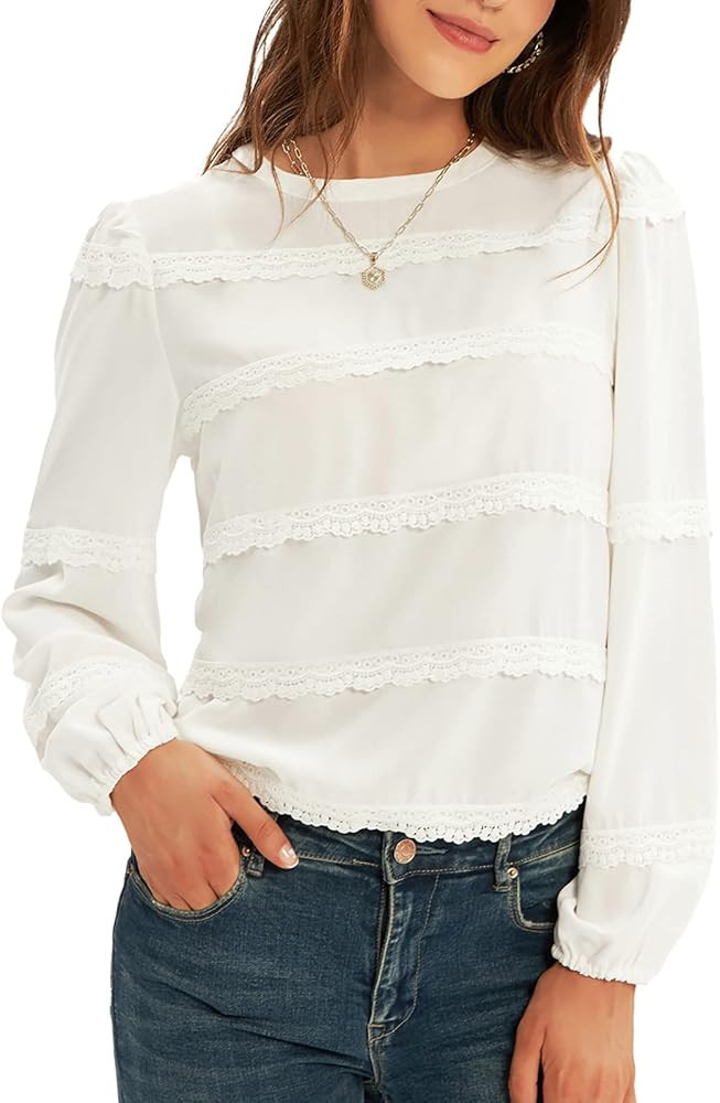 GRACE KARIN Women's Work Business Blouse Casual Puff Short Sleeve Shirts Lace Tops Loose Fit | Amazon (US)
