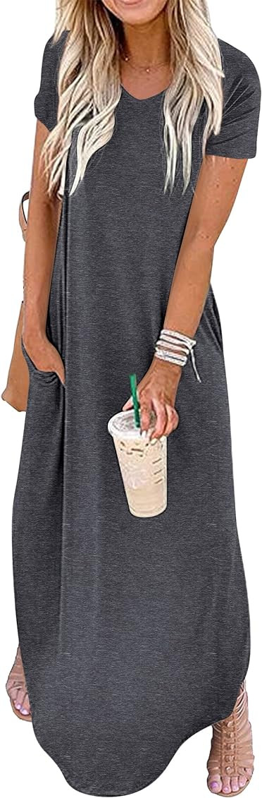 GRECERELLE Women's Casual Loose Pocket Long Dress Short Sleeve Split Maxi Dresses | Amazon (US)