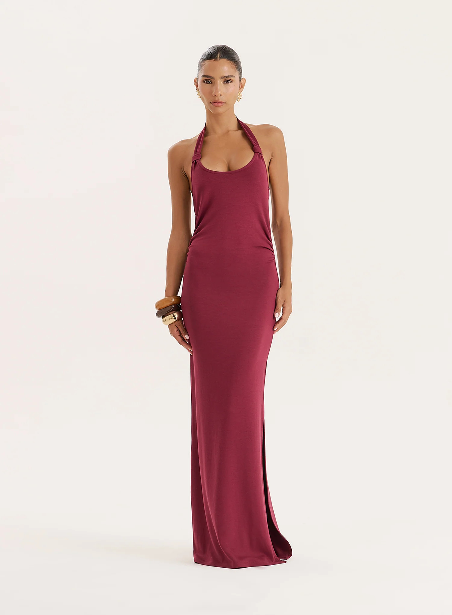 Plum Knot Detail Halterneck Jersey Maxi Dress- Evie | 4th & Reckless