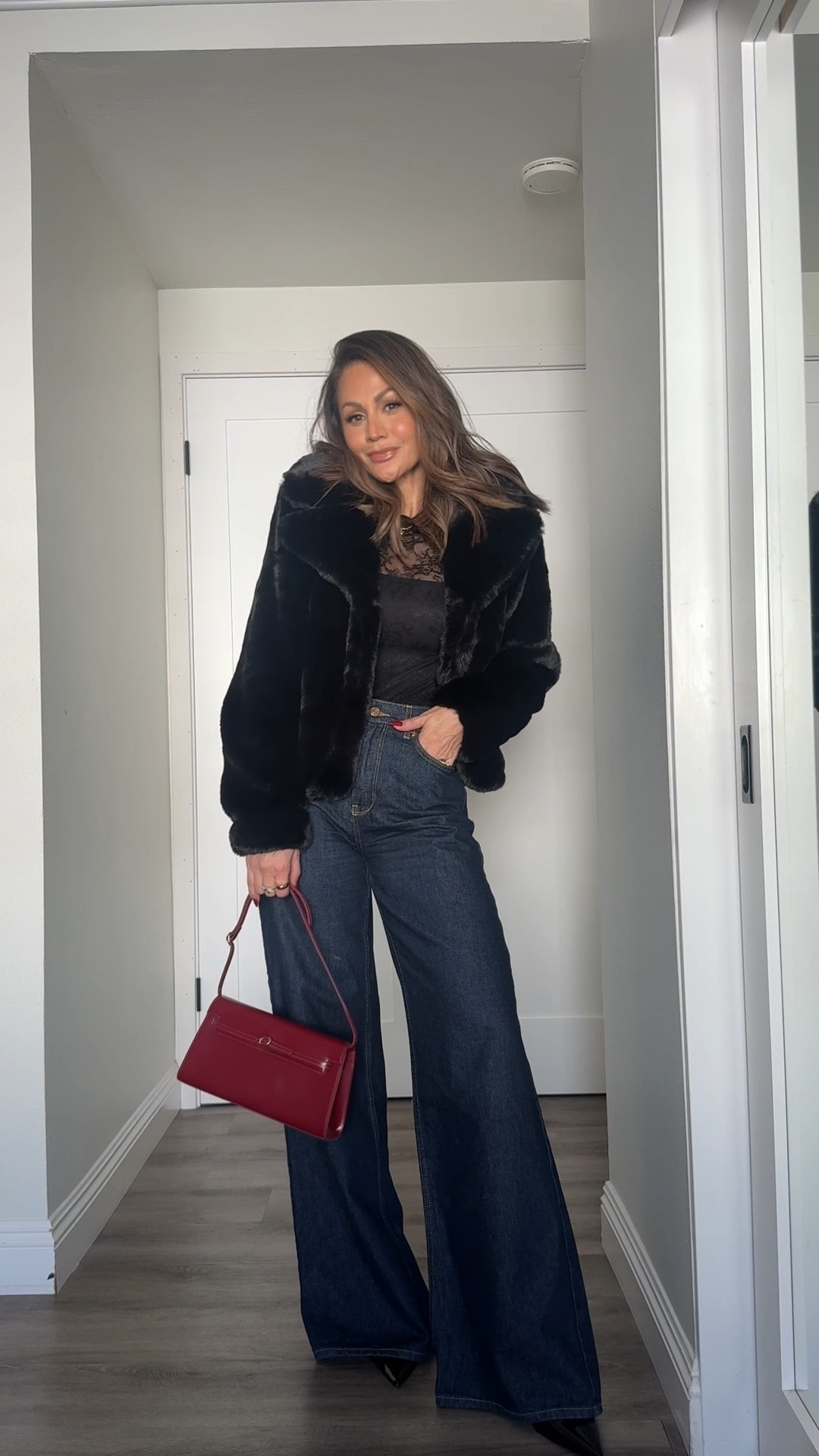 THIS OR THAT:  winter chic edition for the girlies who get it 🤌🏻🖤
Styled the same jeans two ways .  Which look is your fav? 
Sizing info:
Look 1: 
Faux fur  jacket, small 
wide leg denim size 26 
look 2
button up shirt, medium
 lace bodysuit small 
wide leg denim size 26 
I’m 5’4/130

#LTKootd #LTKGiftGuide #LTKHoliday