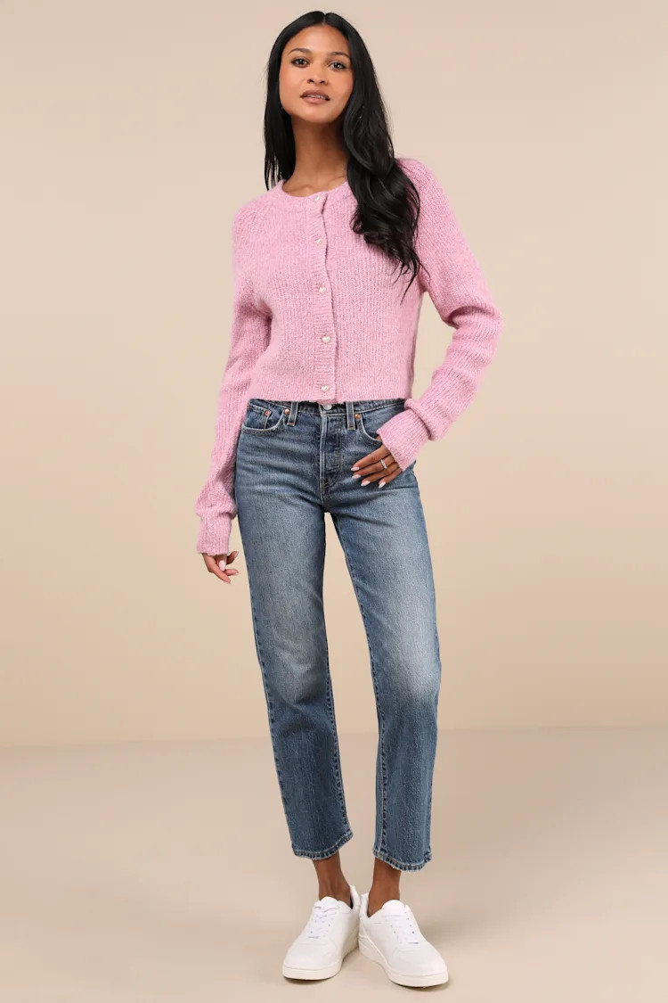 Coziest Crush Pink Marled Heart Button Cardigan | Lulus