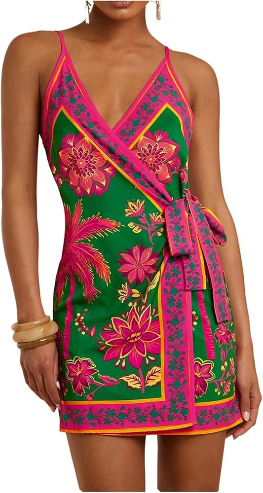 Women's Tropical Print Cami Dress Sleeveless Wrap V Neck Tie Knot Boho Short Dresses | Amazon (US)