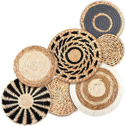 CroBlissful 7 Pcs Boho Wall Basket Decor Hanging Handcrafted Seagrass Woven Basket Wall Decor Round Bohemian Basket Wall Art for Farmhouse Home Room Rustic Decorations Table, Multi Sizes (Classic) | Amazon (US)