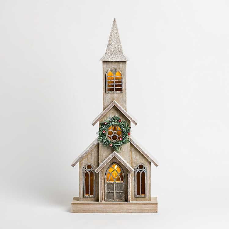 LED Brown Wood Christmas Church Statue | Kirkland's Home