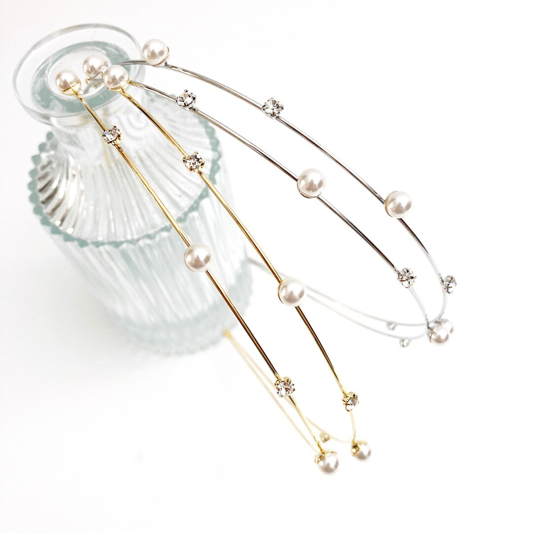 Pearl and Crystal embellished plated silver and gold thin luxury double headband for women, Tiara... | Etsy (US)