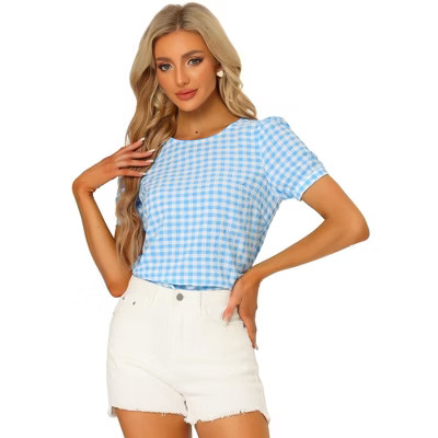 INSPIRE CHIC Women's Vintage Crew Neck Puff Sleeve Casual Plaid Gingham Blouse Light Blue Small | Target