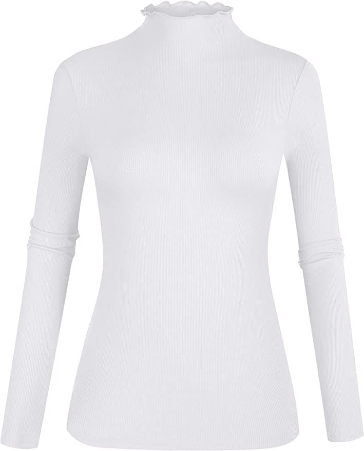 POPZONE Women's Lettuce Trim Mockneck Long Sleeve Slim Fit Ribbed Knit Tee Shirt | Amazon (US)