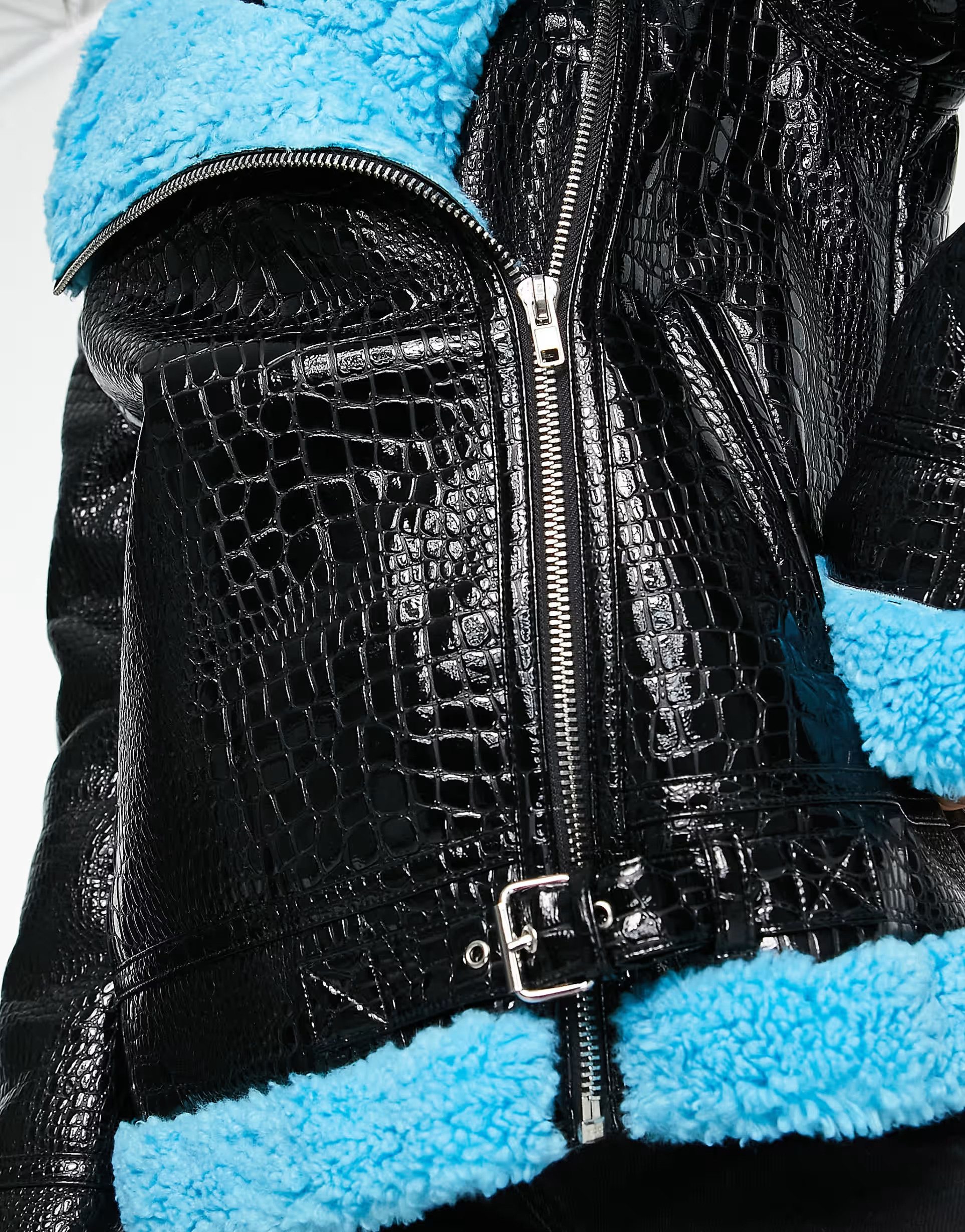 Miss Selfridge croc faux leather contrast borg fleece aviator jacket in black | ASOS (Global)