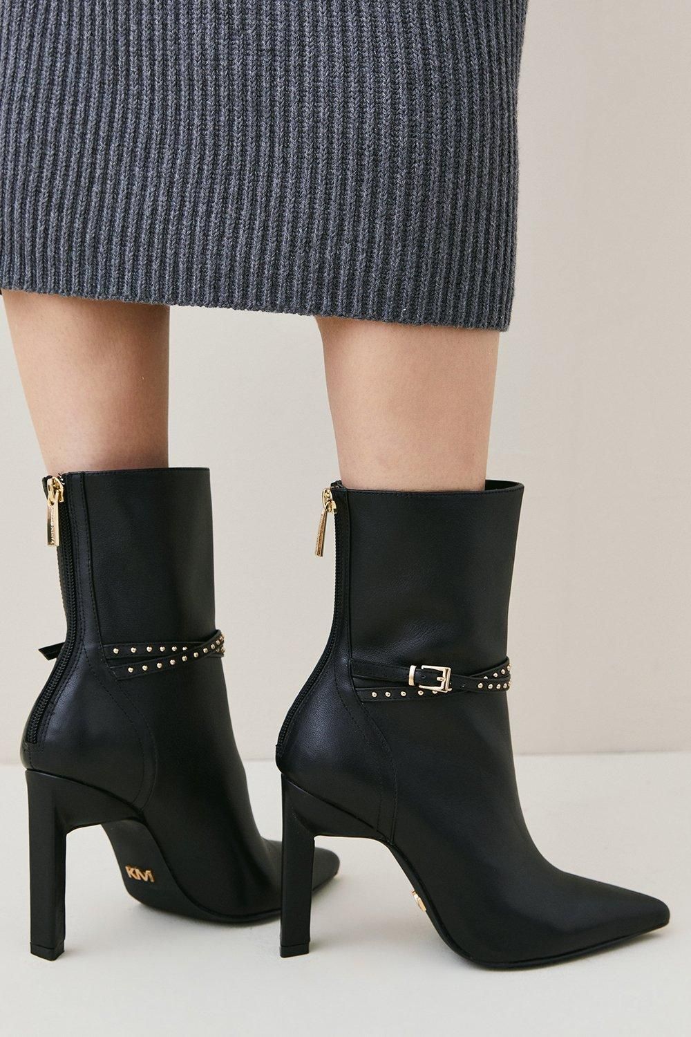 Leather Buckle Detail Heeled Boot | Karen Millen US