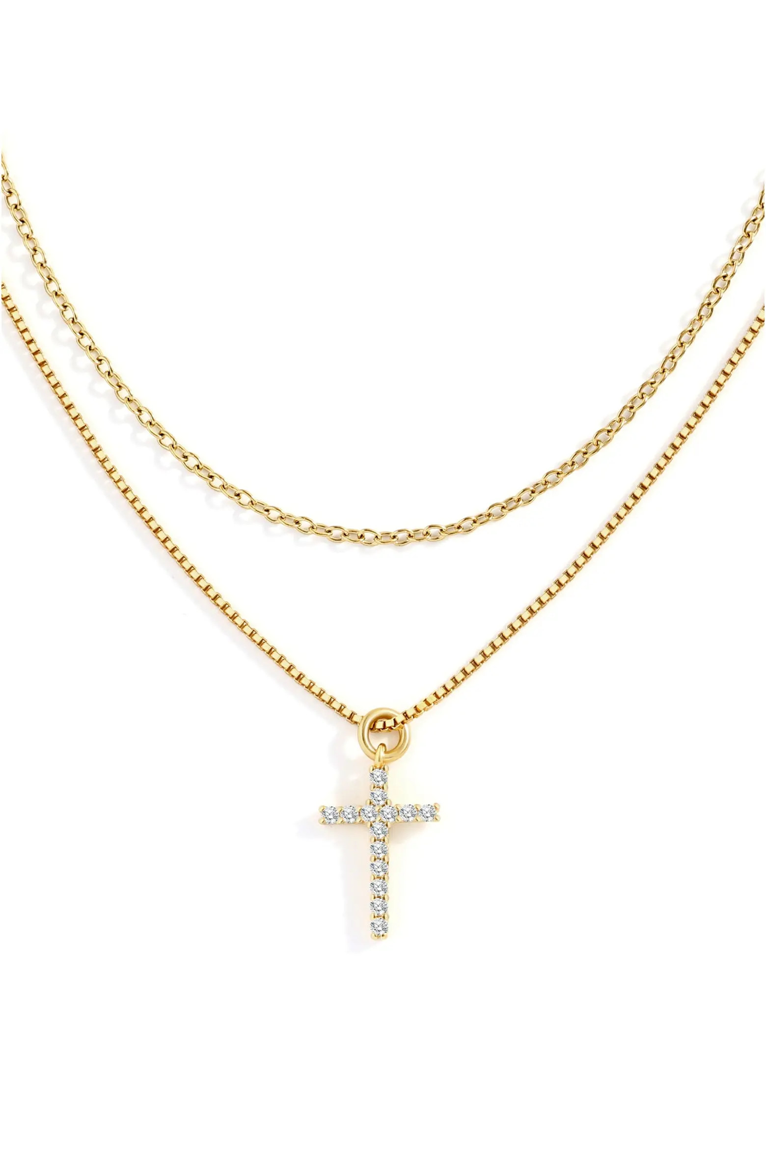 Dainty Cable Necklace with Pave Cross Chain Necklace Stacking Set | Nordstrom