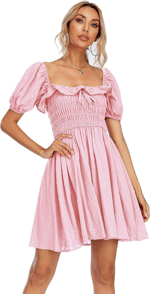 R.Vivimos Women's Summer Linen Short Sleeve Ruffled Floral Print Swing Dress | Amazon (US)