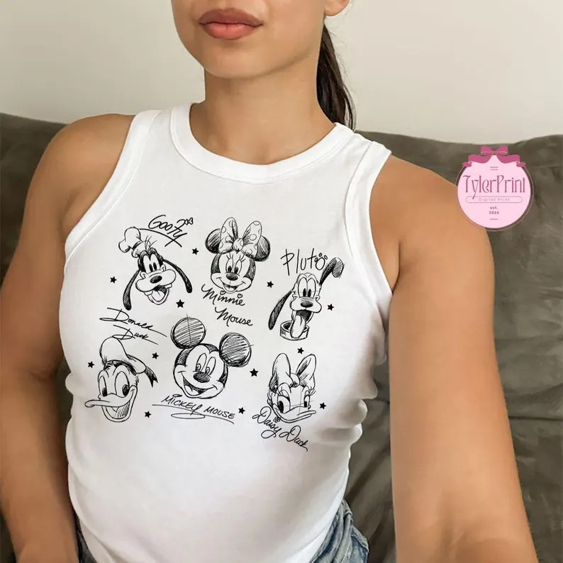 Retro Mickey and Friends Signatures Shirt, Mickey & Co Baby Tee Crop Tank, Disney Sketch Shirt, M... | Etsy (US)