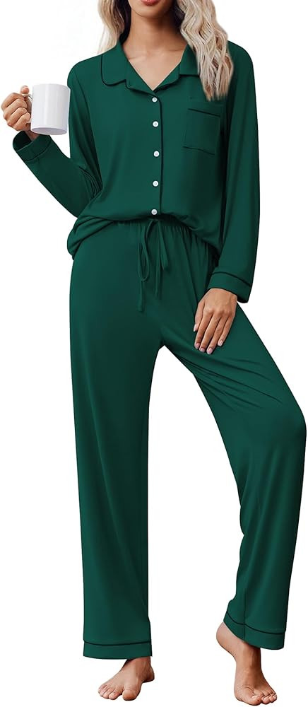 Ekouaer Pajama Sets Women Classic Long Sleeve Button Down Sleepwear Soft Pjs Lounge Sets | Amazon (US)
