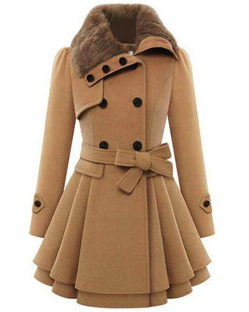Women's Fashion Faux Fur Lapel Double-Breasted Thick Wool Trench Coat Jacket - Zeagoo (Us Only) | Zeagoo