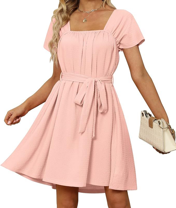 SAMPEEL Women's Square Neck Puff Sleeve Dress Mini A-Line Summer Dresses | Amazon (US)
