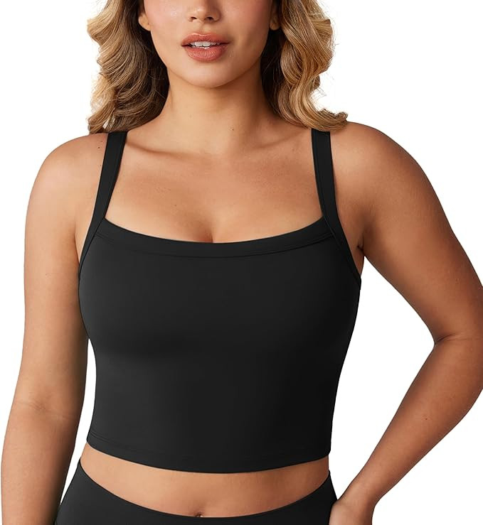 Hugcurve Adjustable Longline Sports Bra Square Neck Workout Tank Crop Tops for Women with Built i... | Amazon (US)