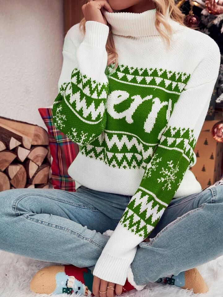 SHEIN Frenchy Women's High Neck Christmas Sweater With Letter & Geometric Pattern | SHEIN