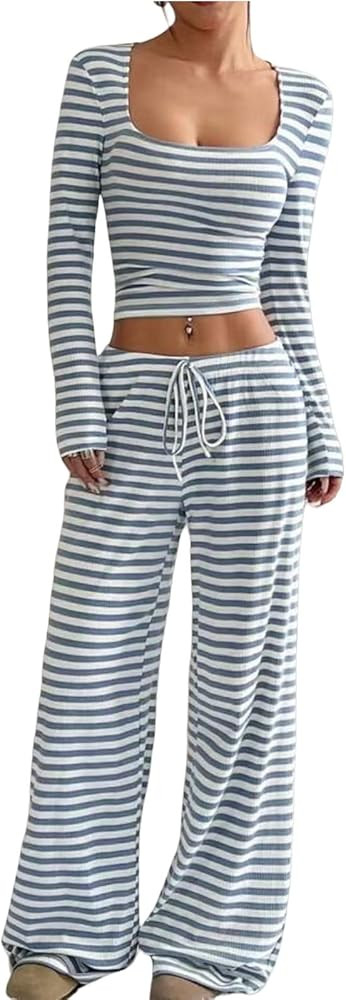 Womens Striped 2 Piece Outfits Casual Square Neck Cropped Tops Wide Leg Pants Two Piece Lounge Se... | Amazon (US)