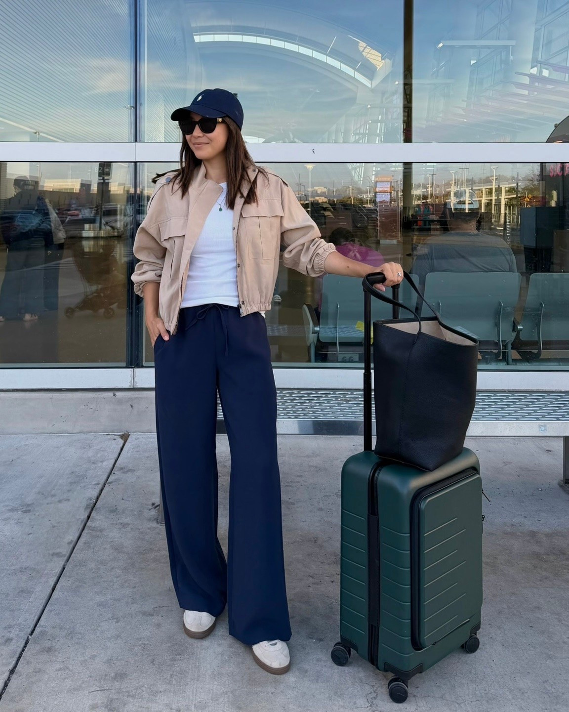 Airport outfit 

Evereve jacket - xs 
Aritzia lodge pants in crepette - navy, wearing xs in reg (I’m 5’4”) 
Quince carry on
Quince tote 

Travel outfit / sporty chic / elevated style

#LTKootd #LTKTravel