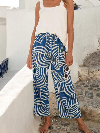 SHEIN Frenchy Damesbroek met rechte pijpen, losse comfortabele modieuze casual bedrukte broek met... | SHEIN