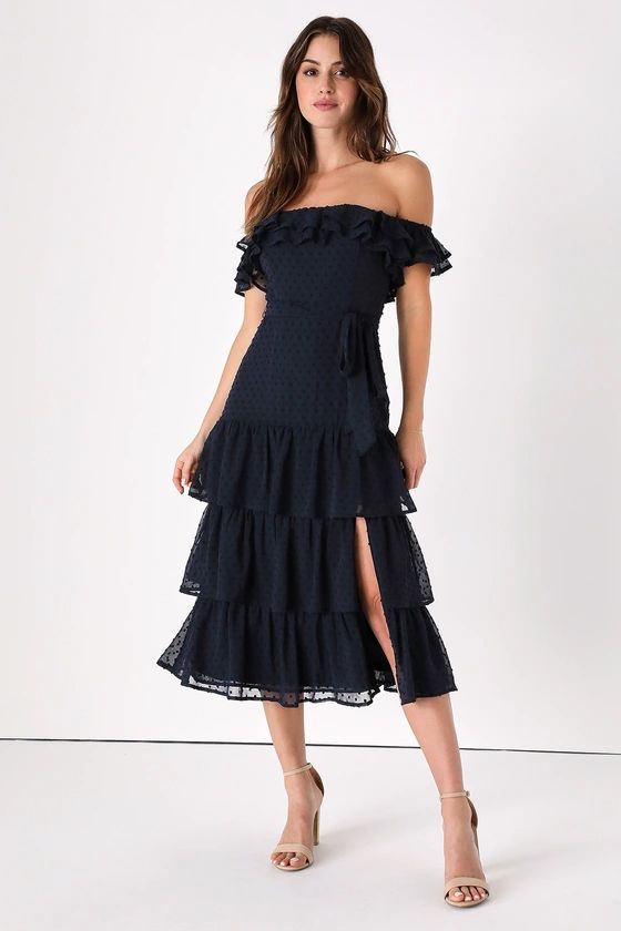 Dear To My Heart Navy Blue Swiss Dot Tiered Ruffled Midi Dress | Lulus (US)