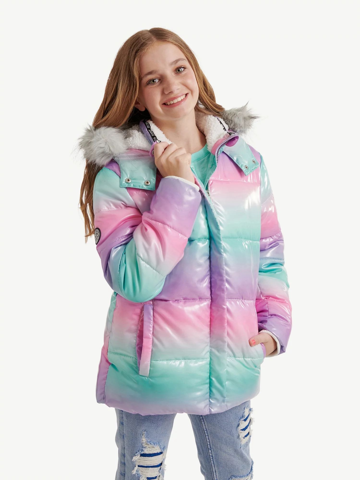 Justice Girls Puffer Jacket with Faux Fur Lined Hood, Sizes 5-18 | Walmart (US)