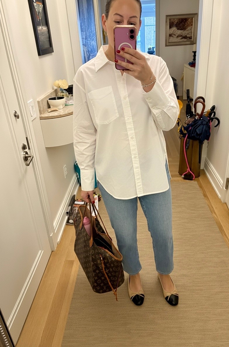 Loving the oversized button down shirt trend. This one from gap is perfect and can be dressed up or down. Wearing a medium in the shirt. Jeans and shoes are true to size. 

Gap / old navy / Amazon fashion / budget finds / trend / white button down / ballet flats / Chanel  

#LTKFindsUnder50 #LTKSaleAlert #LTKStyleTip