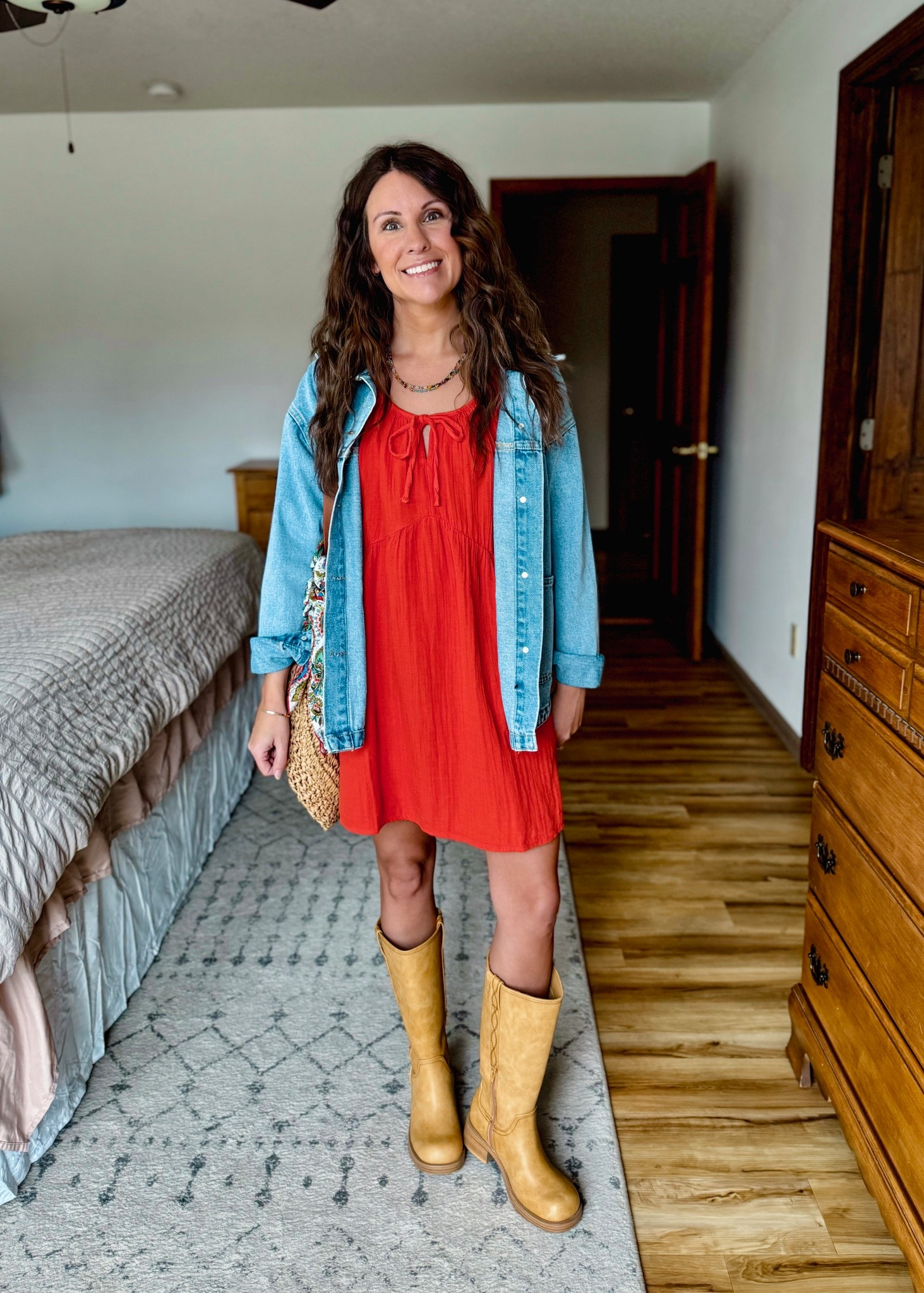 xs petite in my dress, xs in my denim jacket, size 6 in my boots! Love this colorful scarf, colorful beaded necklace and bag!

#LTKootd #LTKgrwm #LTKPetite