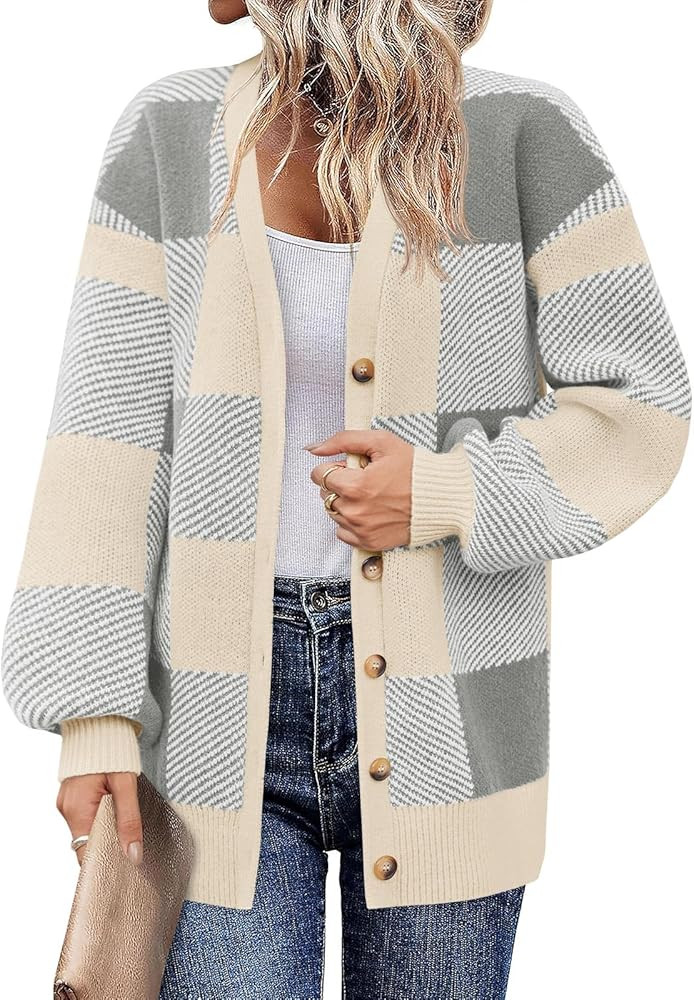 Saodimallsu Womens Checkered Sweater Color Block Plaid Cardigan V Neck Puff Sleeve Button Down Lo... | Amazon (US)