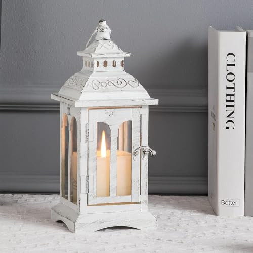 DECORKEY Lanterns Decorative Indoor & Outdoor, Medium Hanging Home Decor, Vintage Metal Decorative Candle Lanterns for Outdoor Patio Wedding Party White with Black Brush | Amazon (US)