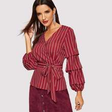 Waist Belted Wrap V-Neck Striped Top | SHEIN