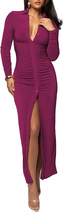 YouSexy Women's Sexy Button Down Ruched Stretchy Maxi Dress Long Sleeve Party Club Long Dresses | Amazon (US)