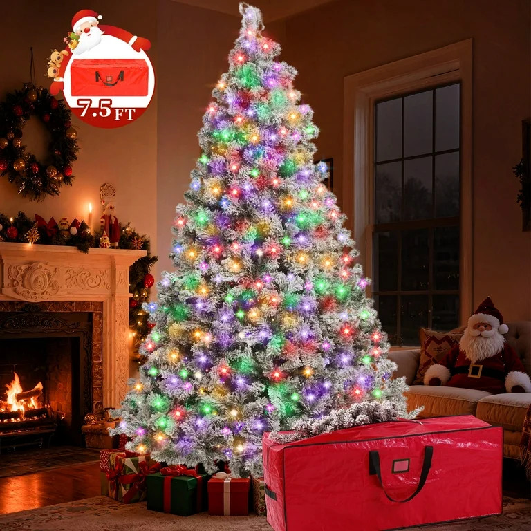 Yexmas 7.5FT Pre-Lit Snow Flocked Christmas Tree,Artificial White Christmas Tree with Large Chris... | Walmart (US)