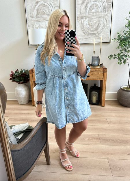 Wearing my normal size lg in the cutest denim dress ever! It’s comfy and bump friendly. Lots of color options. Sized up half a size in these rhinestones stone straps sandals. 

#LTKworkwear #LTKshoecrush #LTKbump