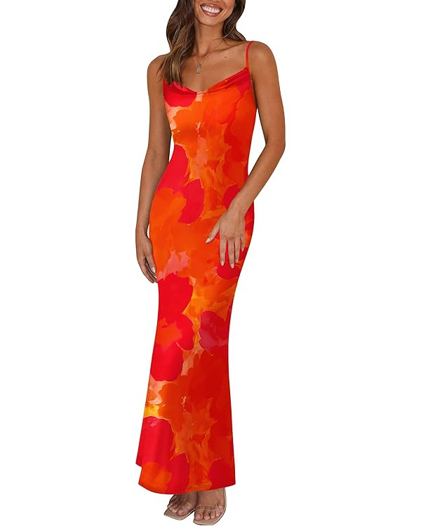 PRETTYGARDEN Women's 2024 Summer Floral Spaghetti Strap Maxi Dress Stretch Sexy Bodycon Dress Bac... | Amazon (US)