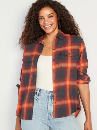 Women's Plus Size Orange Plaid Long Sleeve Shirt