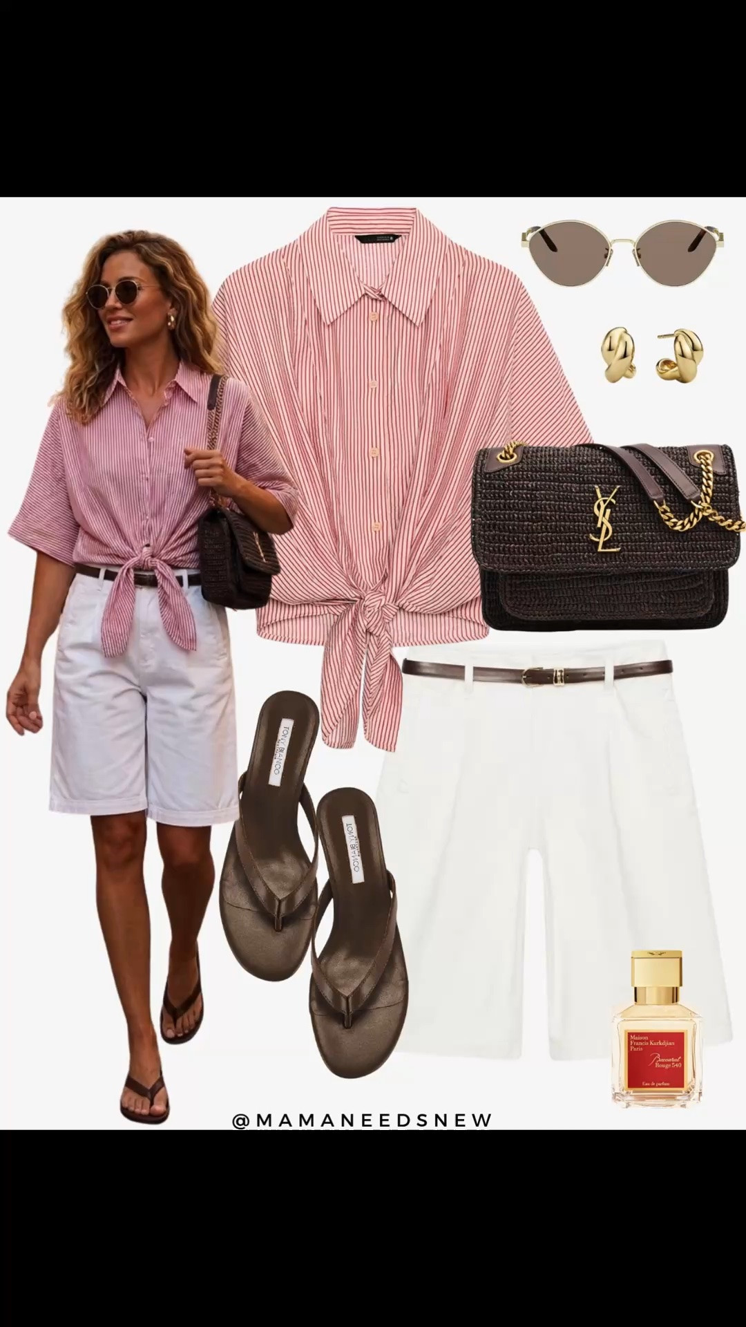 A summer outfit with knotted striped short sleeve shirt, belted shorts, thong heels, raffia shoulder bag ❤️🤎

#LTKootd #LTKSeasonal #LTKSaleAlert
