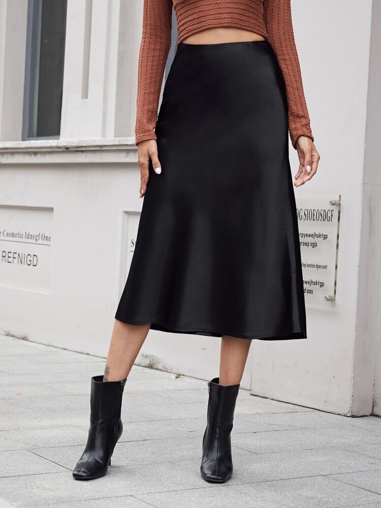 SHEIN Zipper Side Solid Satin Skirt | SHEIN