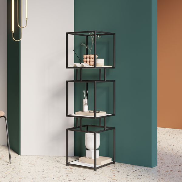 3-Tier Modern Black Cube Bookcase with Metal Tower Display Shelf-Homary | Homary