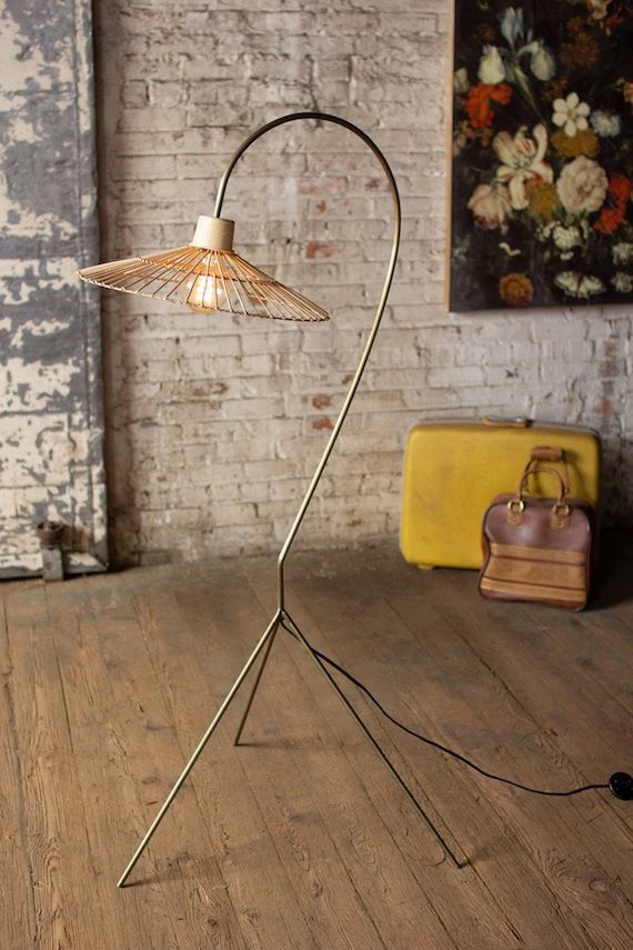 Antique Brass Finish Floor Lamp With Rattan Umbrella Shade | Etsy | Etsy (US)