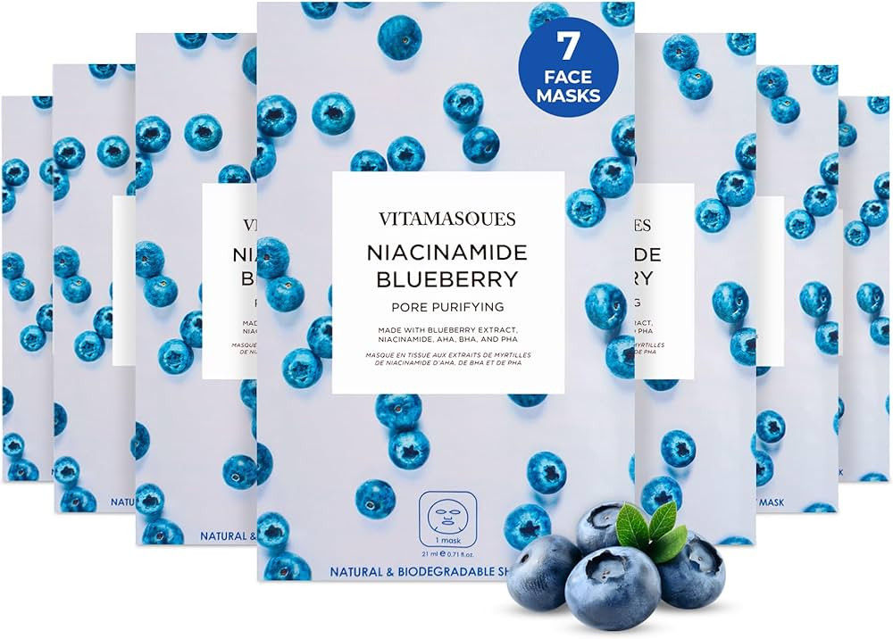 Vitamasques Niacinamide Blueberry Face Sheet Mask 7 Pack - Pore Purifying Korean Skin Care Sheet ... | Amazon (US)