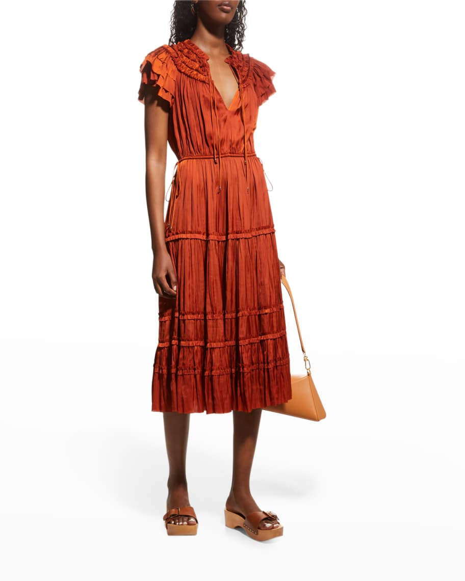 Ulla Johnson Isadora Tiered-Sleeve Satin Plisse Midi Dress | Neiman Marcus
