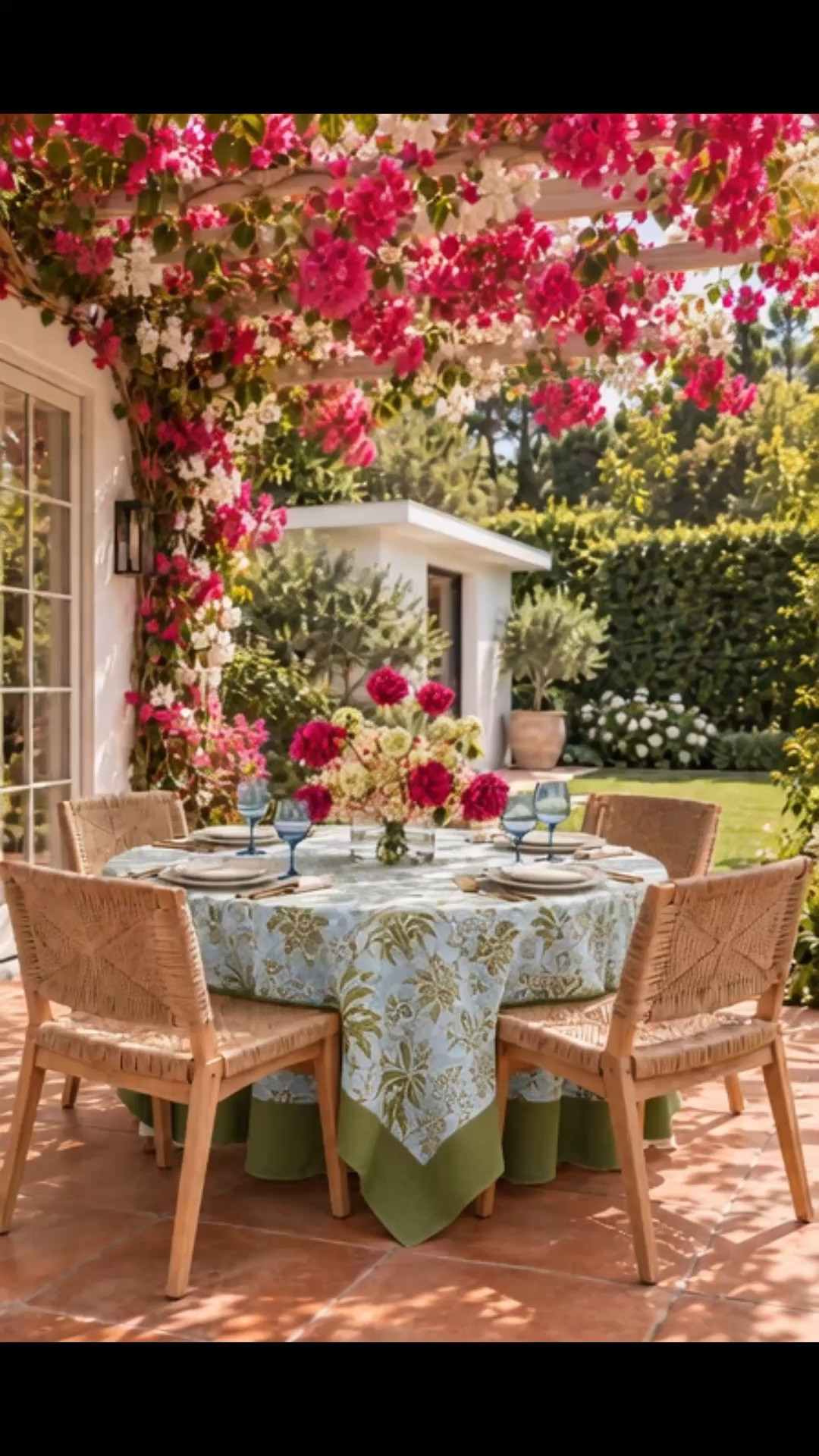 Happy weekend! Weekends are made for alfresco dining—an inviting table, warm sunshine, and a garden setting that makes you want to linger a little longer.

I love how this elegant patterned tablecloth with its wide contrast trim brings color and character to the setting. The Mustique Outdoor Dining Side Chair adds the perfect relaxed sophistication, pairing a beautifully simple natural teak frame with handwoven all-weather wicker for a look that feels timeless and effortless outdoors.

Finished with a lush floral arrangement, layered dinnerware, blue wine glasses, and thoughtful tabletop details, this patio is ready for a long weekend lunch or dinner under the bougainvillea.

#Tablecloth #TableLinen #AlfrescoDining #PatioDining #Outdoor #Weekend #WeekendVibe #DiningChair #OutdoorDiningChair #OutdoorDiningTable #FlowerArrangement #Dinnerware #Drinkware #WineGlasses

#LTKdayinmylife #LTKHome #LTKSaleAlert
