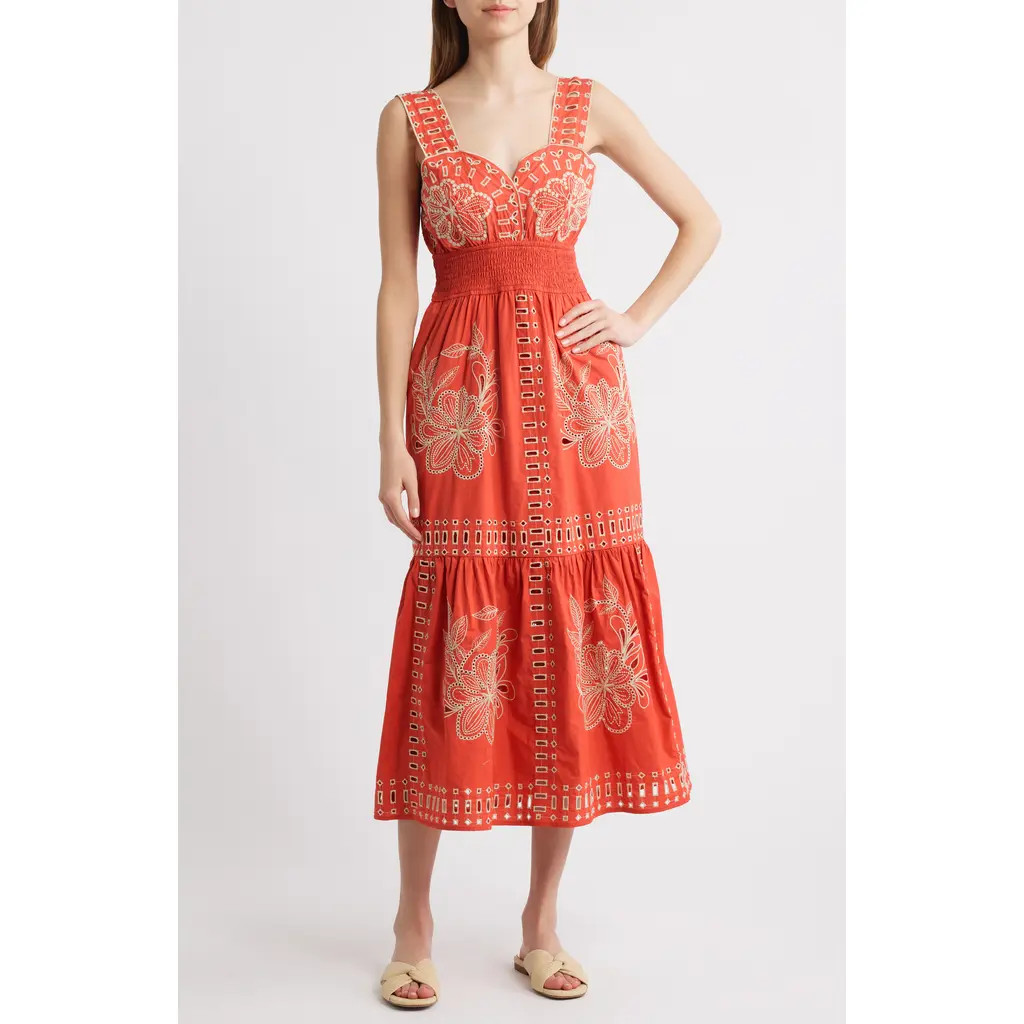 Rails Fawn Eyelet Embroidered Smocked Waist Sundress in Terracotta at Nordstrom, Size Small | Nordstrom