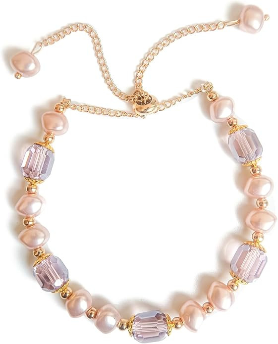 dainty simulated rose-gold pearl and artificial purple crystal bracelet golden adjustable chain B... | Amazon (US)