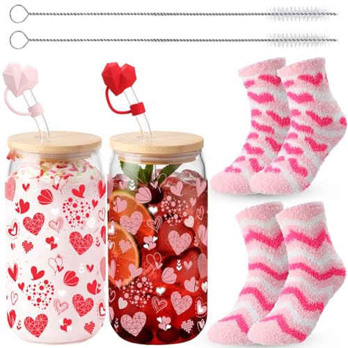 Sliner 2 Set Valentines Day Gifts 16 oz Galentines Heart Glass Cups with Coral Fleece Socks, Valentines Cups with Lid Straw and Heart Straw Topper for Her Women Friends BFF Birthday Gifts (Style 1) | Amazon (US)