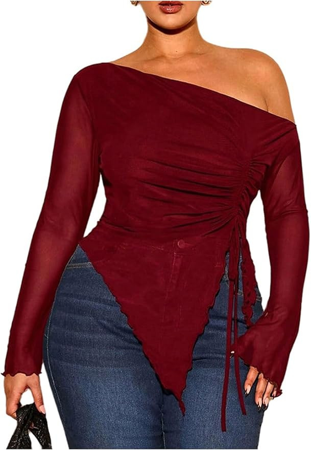 SOLY HUX Women's Plus Size Mesh T Shirt Off The Shoulder Long Sleeve Sheer Tee Ruched Drawstring ... | Amazon (US)