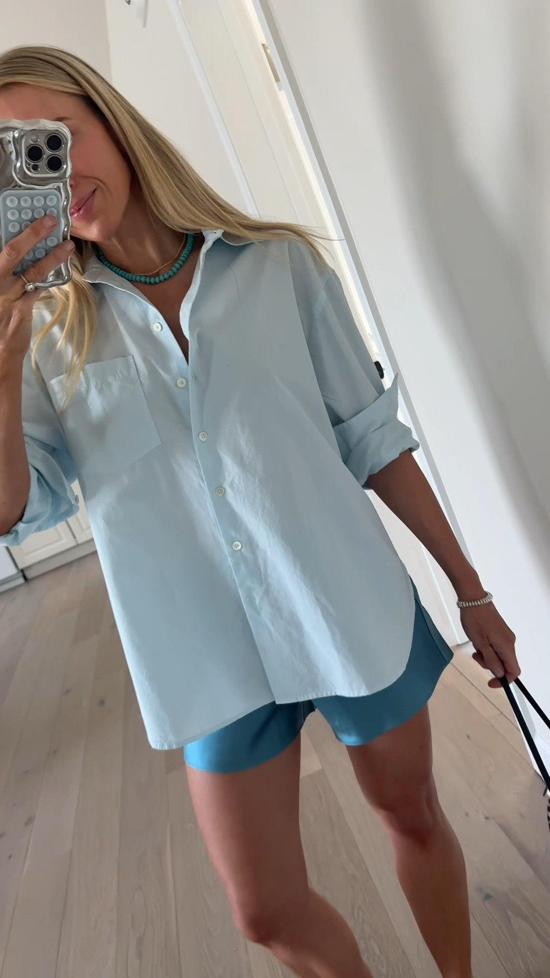 Summer date night look!

Blue button down - sized up to a medium
Blue silk shorts - XS

Zebra bag, sandals, summer outfits, vacation outfits