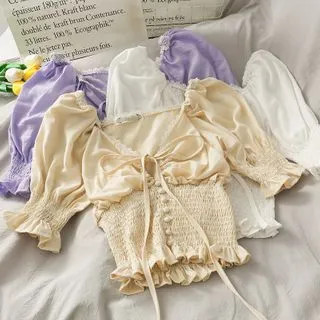 Lemongrass - Tie-Neckline Lace-Trim Smocked Crop Top | YesStyle Global